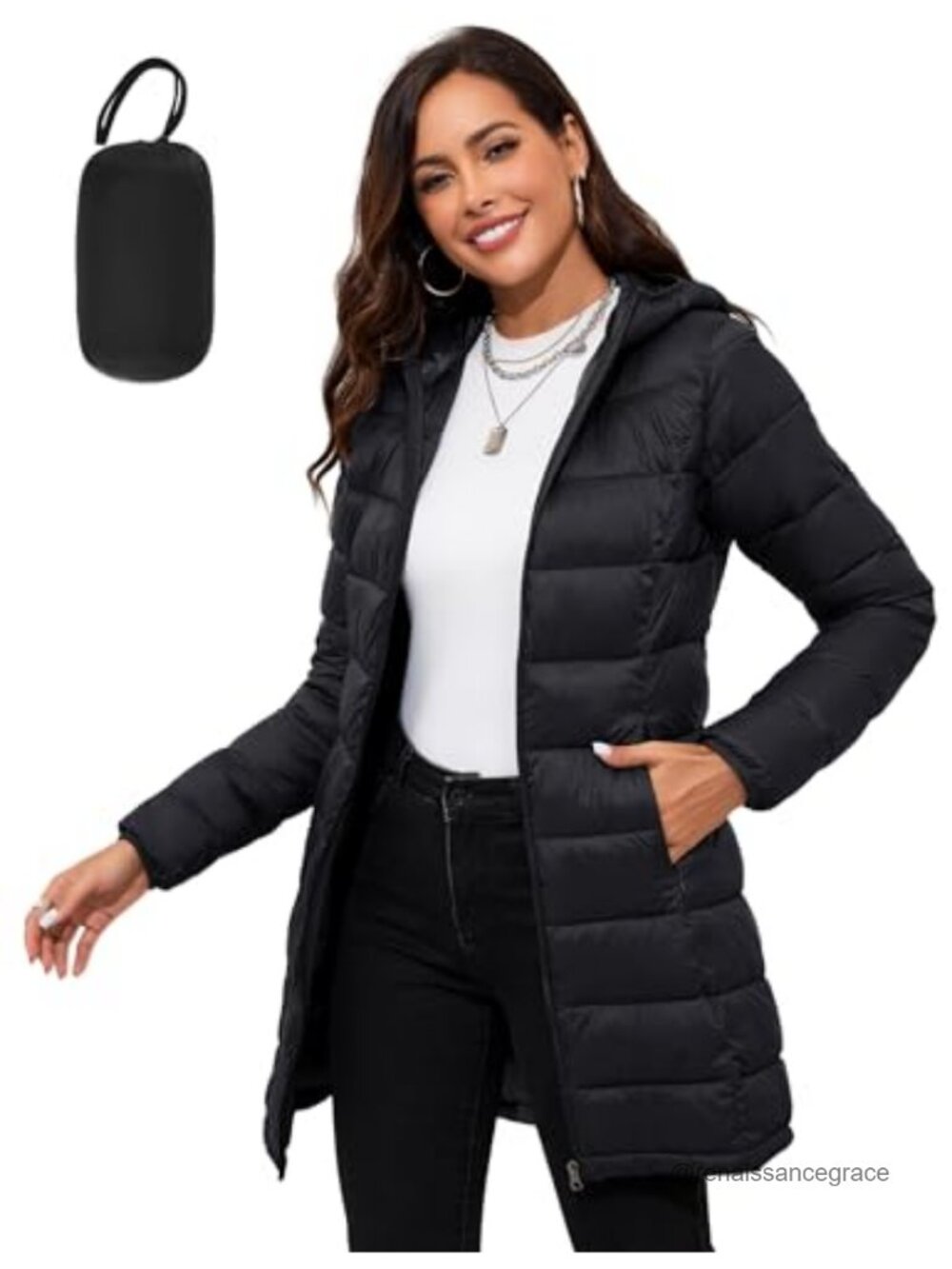 Packable Hooded Puffer Jacket Lightweight Travel Zip Quilted